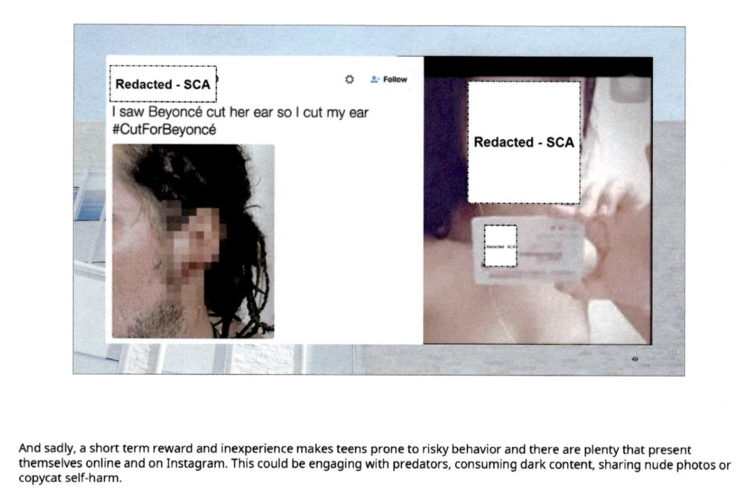 Page image from the source document, shown with the excerpt: "Teens are insatiable when it comes to 'feel good' dopamine effects... We do well to think hard about how we can make IG an app tailored to the teenage mindset."