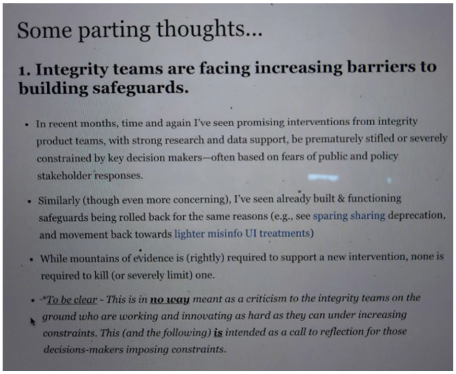 Page image from the source document, shown with the excerpt: Meta was "knowingly exposing users to risks of integrity harms" because of "potential" media responses.