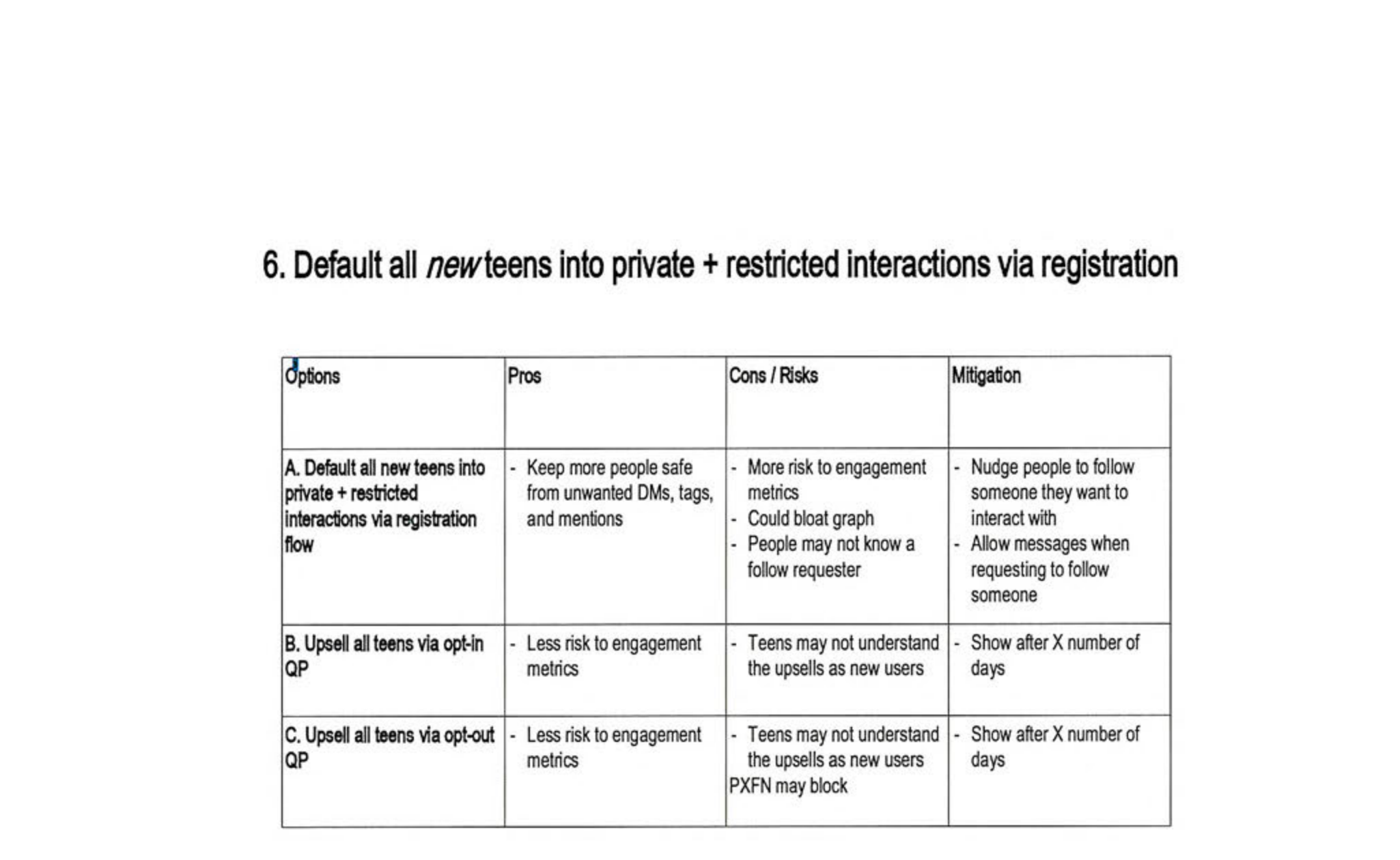 Page image from the source document, shown with the excerpt: Meta knew that defaulting teens into privacy settings would "[k]eep more people safe" at the expense of "risk to engagement metrics"