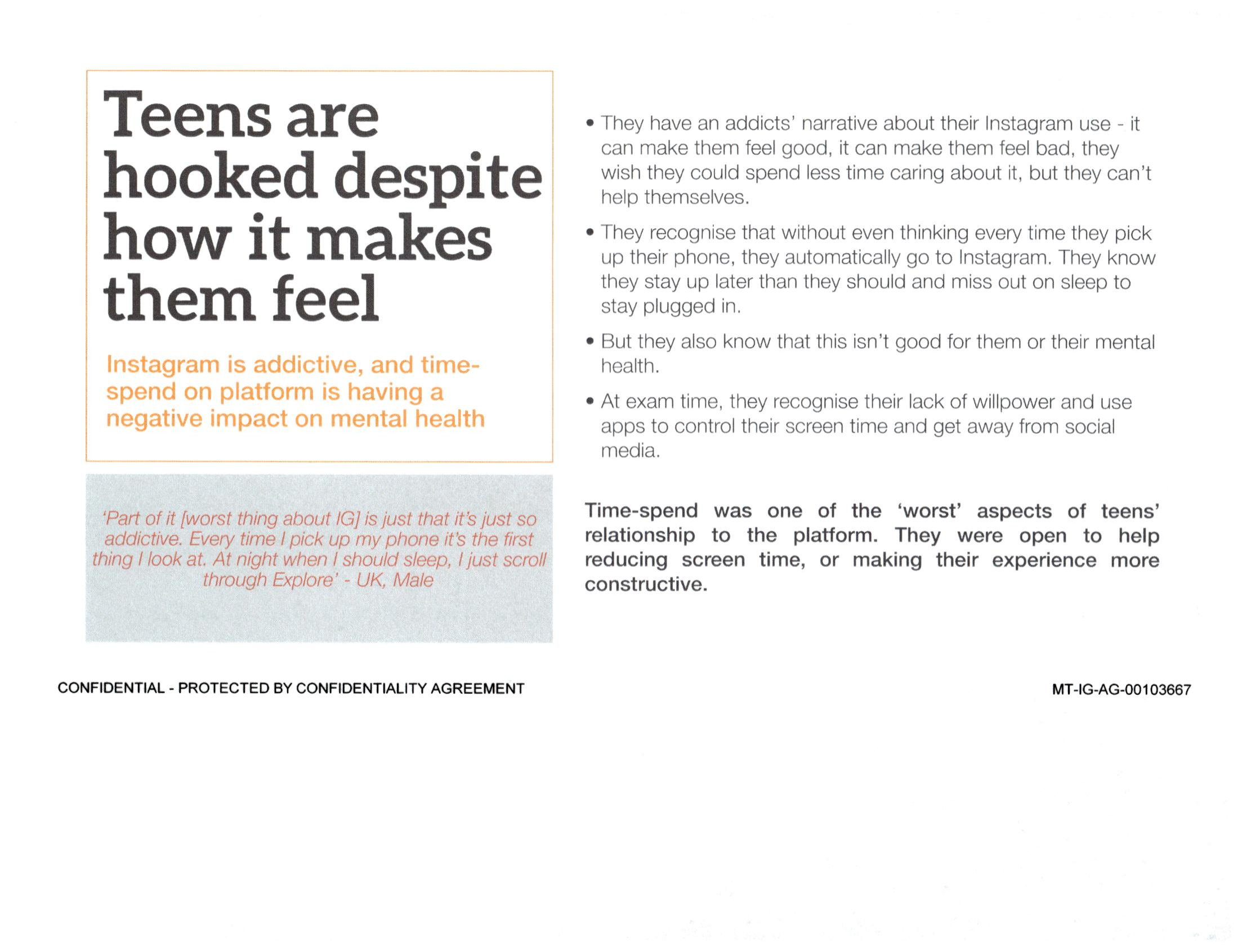 Page image from the source document, shown with the excerpt: "Teens are hooked despite how it makes them feel... Instagram is addictive, and time-spend on platform is having a negative impact on mental health"