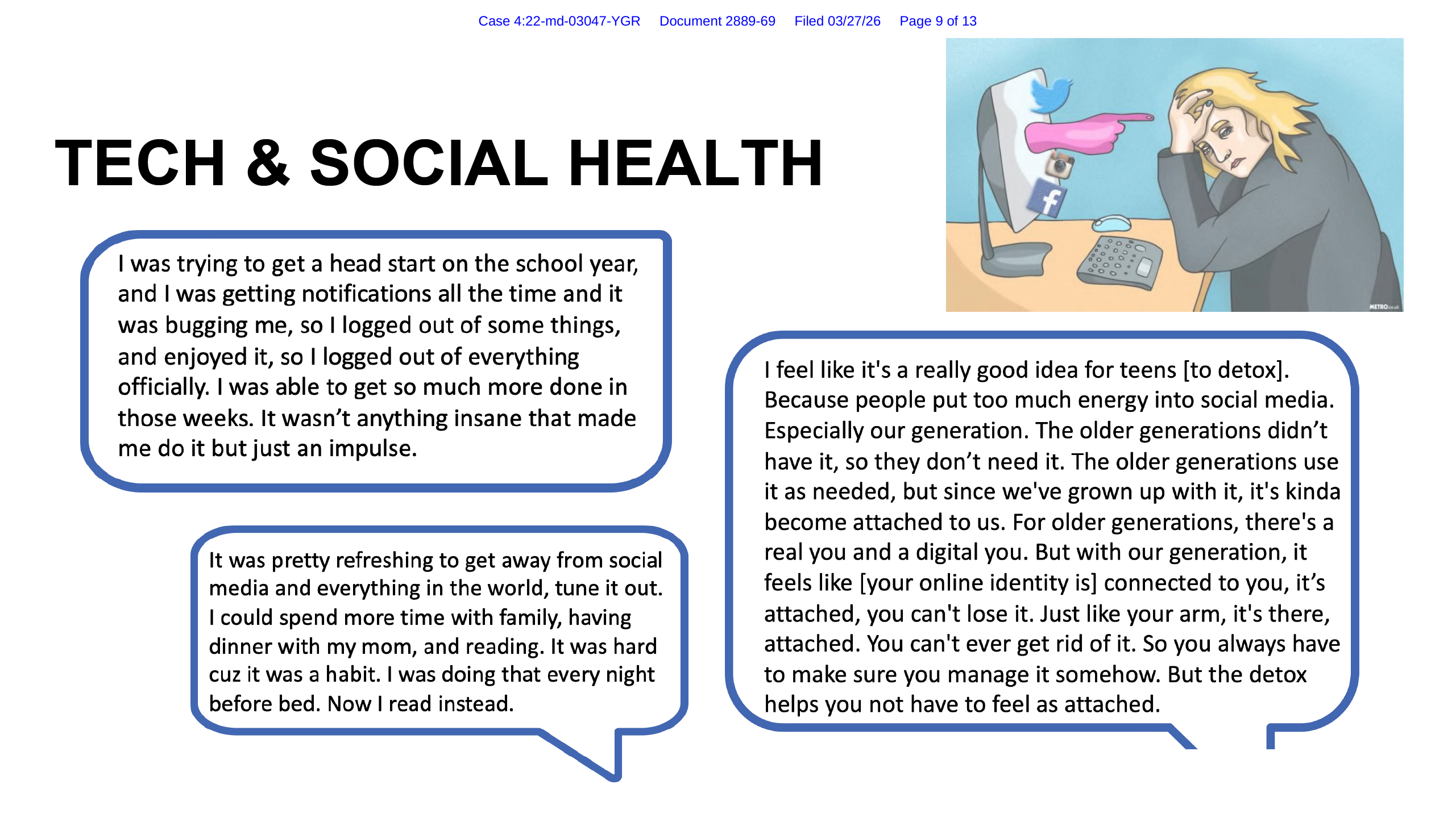 Page image from the source document, shown with the excerpt: "We recruited 8 teens from the survey, and found they thought they were spending too much time on social media, becoming emotionally exhausted, and felt they had to manage their accounts rather than enjoy them"