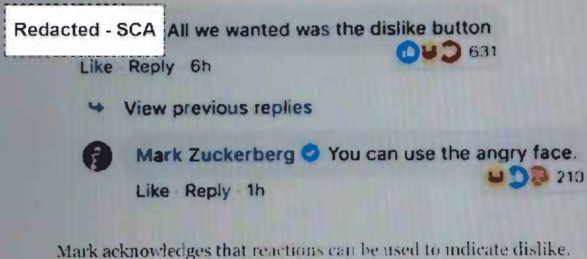 Page image from the source document, shown with the excerpt: "Mark himself has suggested that the anger reaction is a reasonable way to express that you don't like a piece of content (link here), even as we currently count it as 4x as important as a less ambiguous 'like' for giving you more such content."