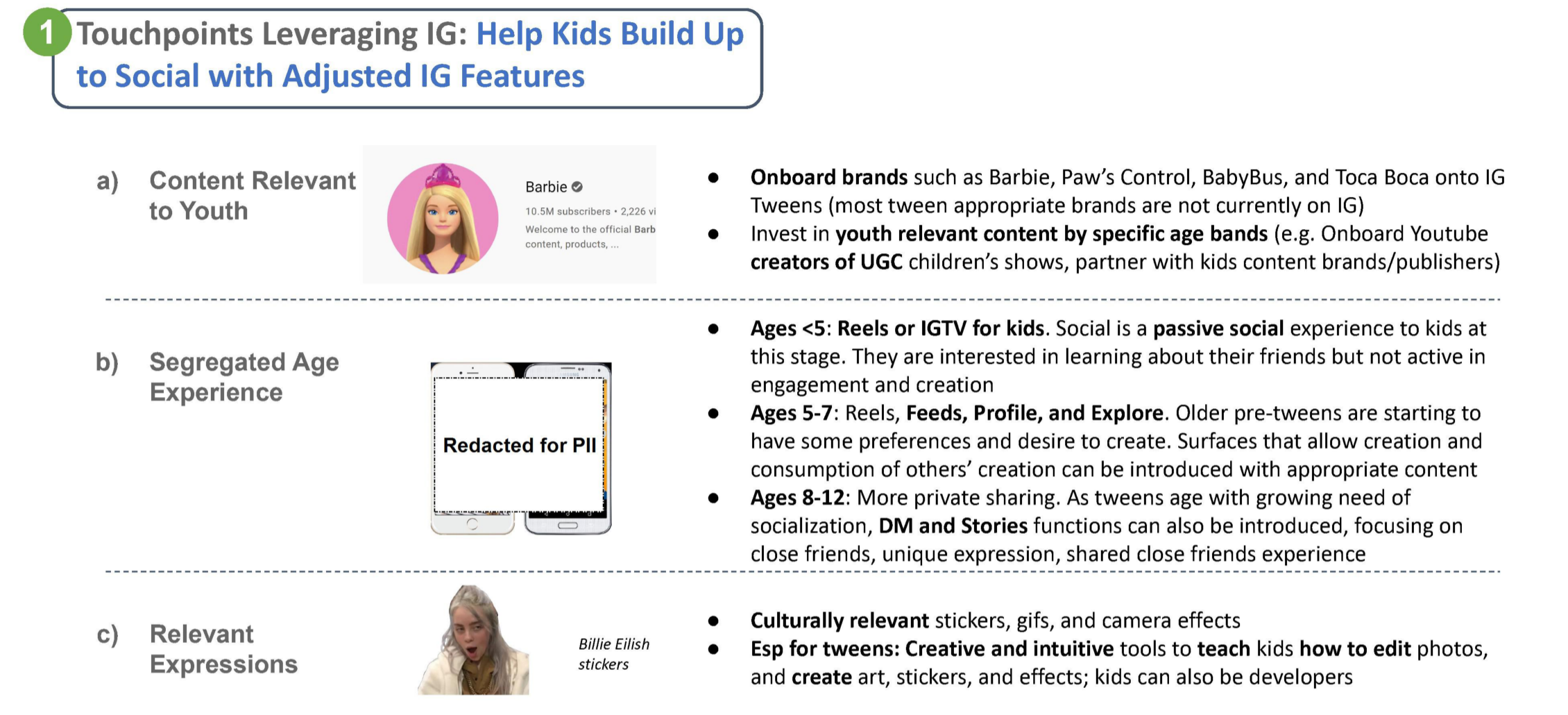 Page image from the source document, shown with the excerpt: "Touchpoints Leveraging IG: Help Kids Build Up to Social with Adjusted IG Features"