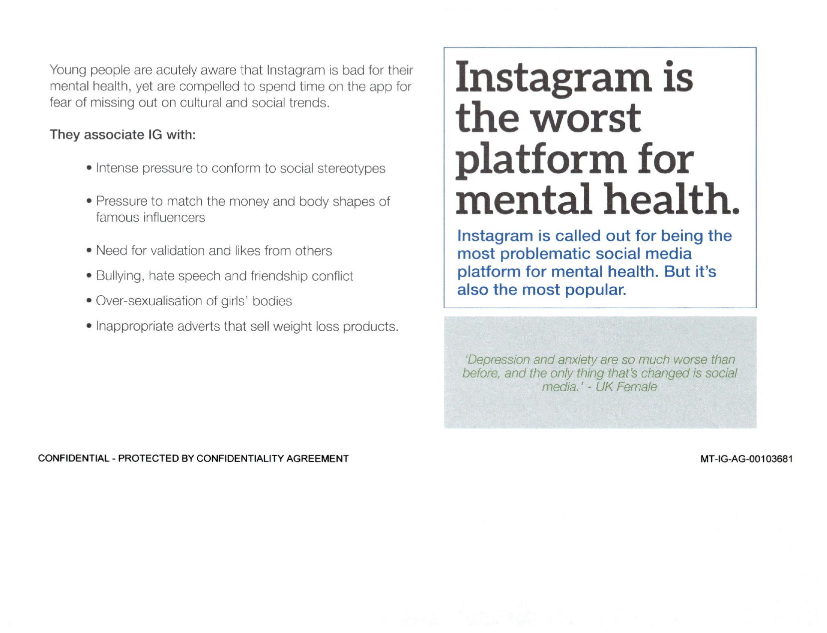 Page image from the source document, shown with the excerpt: "As humans we have underlying traits which social media exacerbates. Instagram doesn't cause these, but it enhances them. Growing up immersed in the social media world, young people are increasingly developing personality traits which are harmful to their wellbeing"