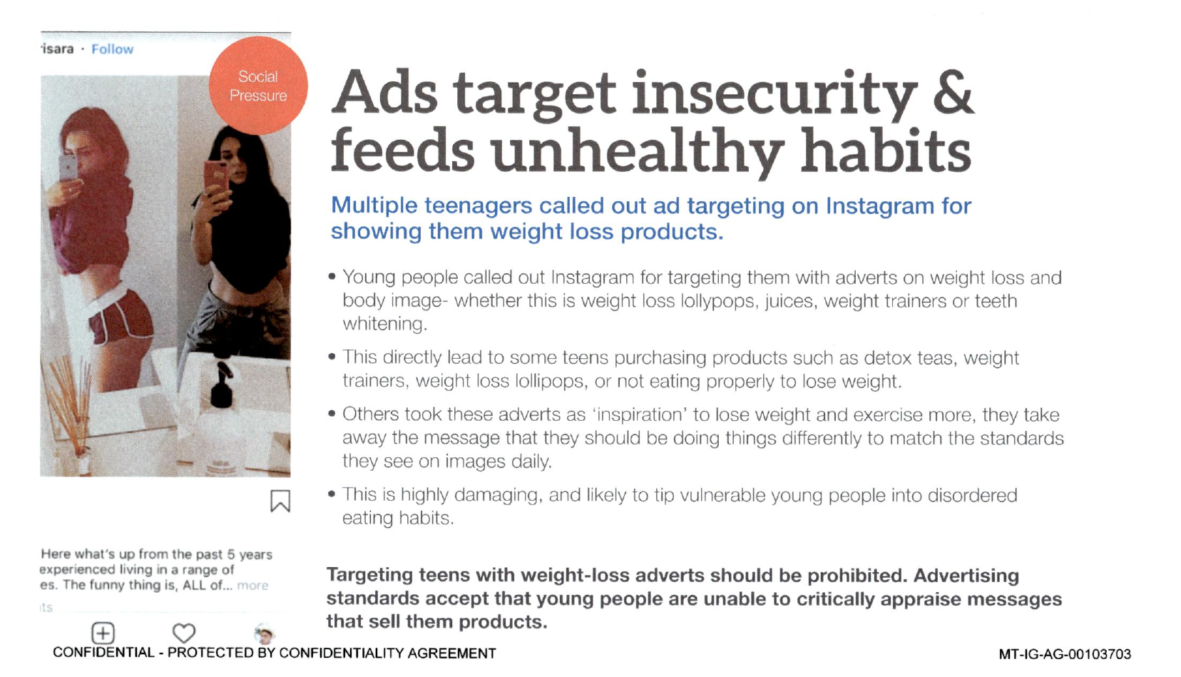 Page image from the source document, shown with the excerpt: "Young people called out Instagram for targeting them with adverts on weight loss and body image... This is highly damaging, and likely to tip vulnerable young people into disordered eating habits."